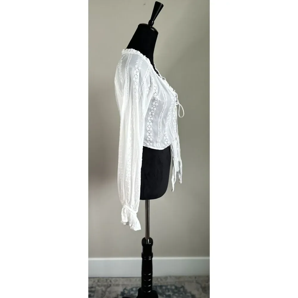 Skylar + Madison Women's Eyelet Lace Tie Long Sleeve Ruffle Cropped Top Size S